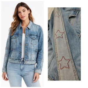 American Eagle Outfitters 2 Tone Embroidered Stars Distressed Denim Jacket